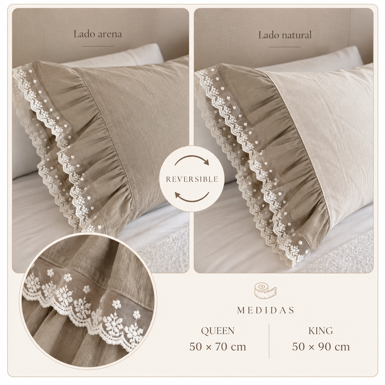 Funda Atenea Natural y Arena reversible con volado y puntilla